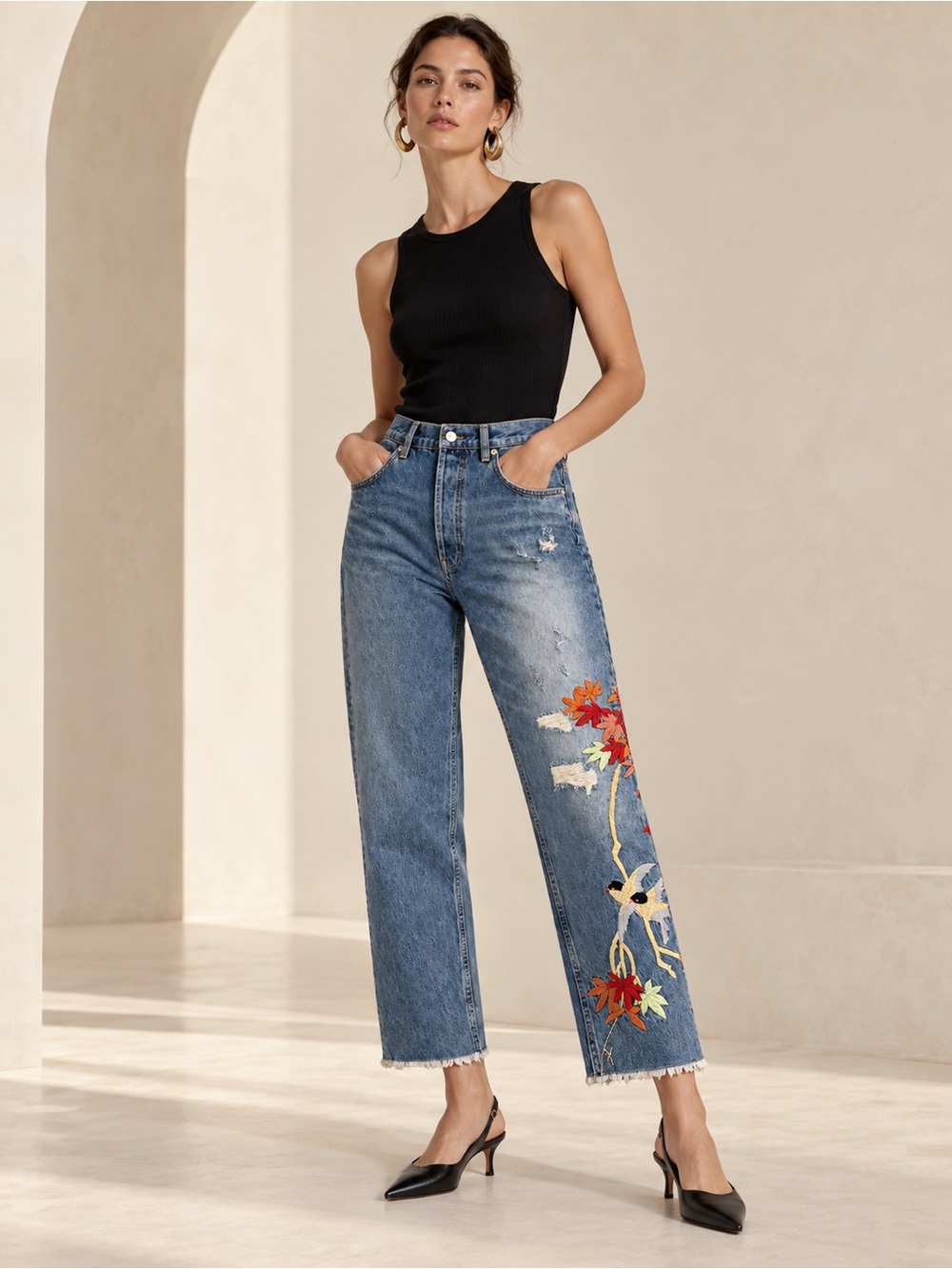 Zara 10 Satin Embroidery Premium Denim High Rise Relaxed NWT Floral Distress